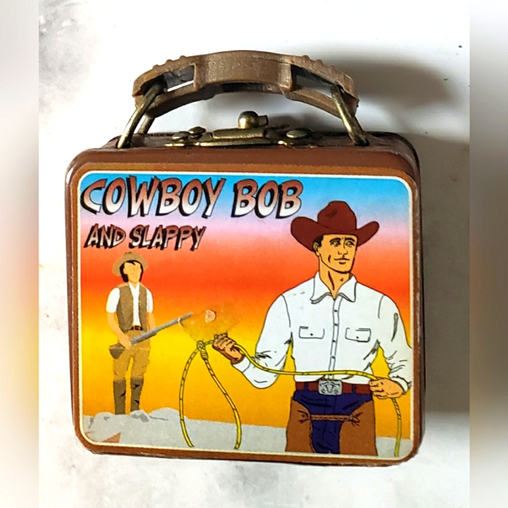 Vintage 1950s mini toy lunchbox Cowboy Bob and Slappy Barbie size
